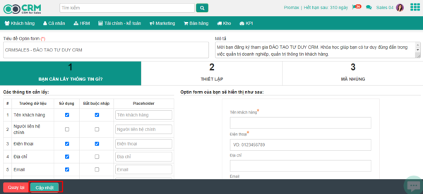 cập nhật optin form