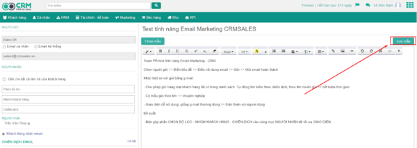 Thao tác Cập nhật Email MKT 111