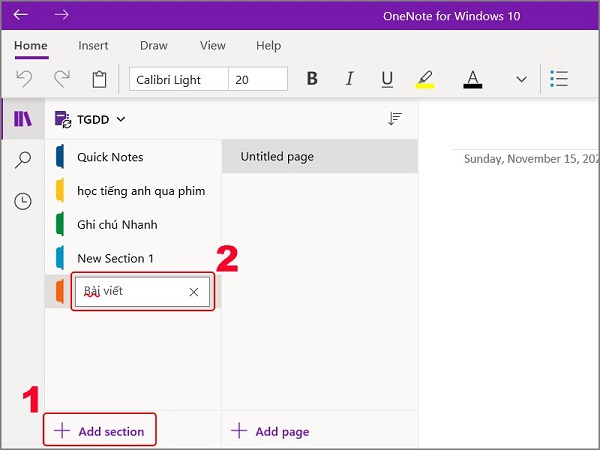 thêm trang onenote