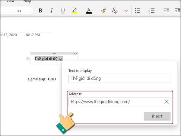 Thêm liên kết trên onenote 2